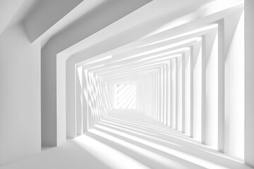 A striking abstract image of a white geometric tunnel with dynamic light and shadow patterns, showcasing modern minimalist architecture.