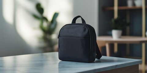 A sleek, black backpack placed on a marble table within a modern interior setting, softly lit by daylight.