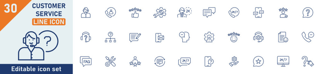 Customer Service line icon set. Set of 30 outline icons related to customer satisfied, technical support, assistance, feedback, FAQ, help, complaint and others. Editable stroke. Vector illustration.