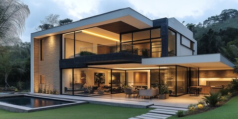 Fototapeta premium Modern luxury house with pool in scenic forest setting at dusk