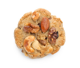 One tasty cookie with nuts isolated on white, top view