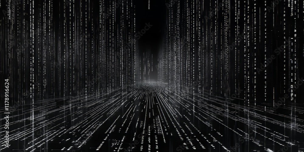 Poster a black and white image of a long, dark hallway with many lines and dots. the image is abstract and 