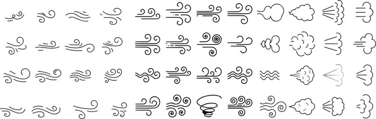 Doodle wind line sketch set. Hand drawn wind motion, air blow, swirl elements. smoke flow art, abstract line. vector illustration.