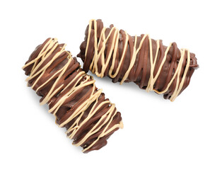 Delicious chocolate puffed rice bars isolated on white, top view