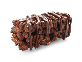 Delicious chocolate puffed rice bar isolated on white