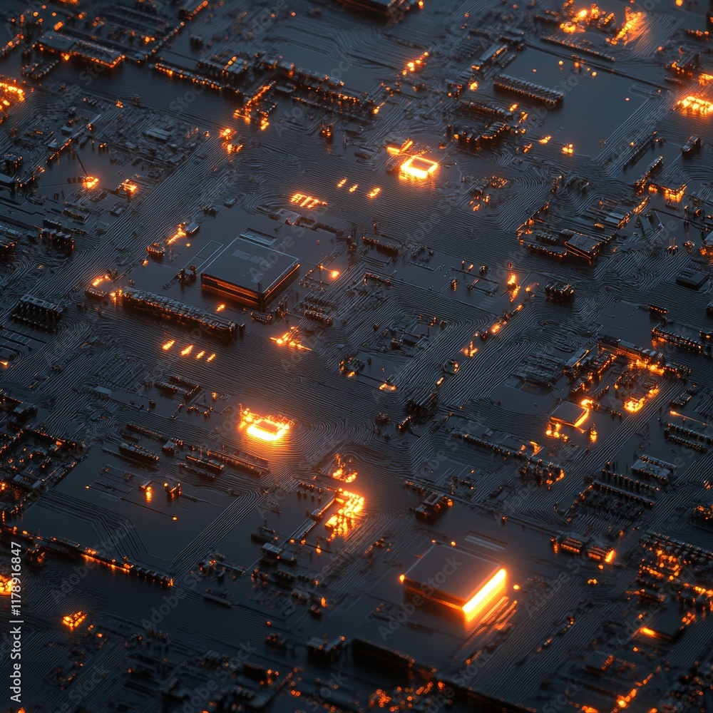 Poster close-up of a circuit board with glowing elements, representing advanced technology and digital inno