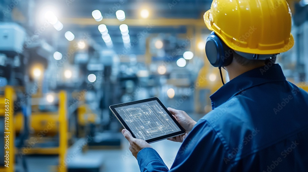 Poster worker using a tablet to monitor production quality from a control room, remote qc monitoring, digit