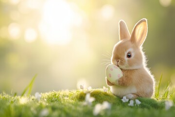 Obraz premium Bunny Resting in Basket with Floral Eggs and Blooming Flowers. Sparkling Soft Light Creates Dreamy and Festive Ambiance. Ideal for Easter Decorations and Designs. AI generated
