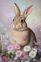 Little Bunny with spring flowers Easter Card, ai generated