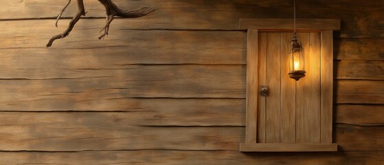 Fototapeta premium Exploring rustic charm wooden door with lantern cozy cabin nature setting evening light tranquil ambiance