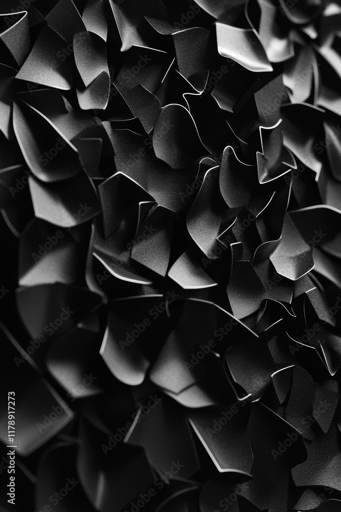 Poster close-up of an abstract black geometric pattern with sharp edges and shadows, perfect for modern des