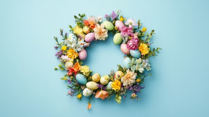 Easter wreath with colorful eggs and flower copy space for Easter Day greeting card, advertisement, campaign in blue background.
