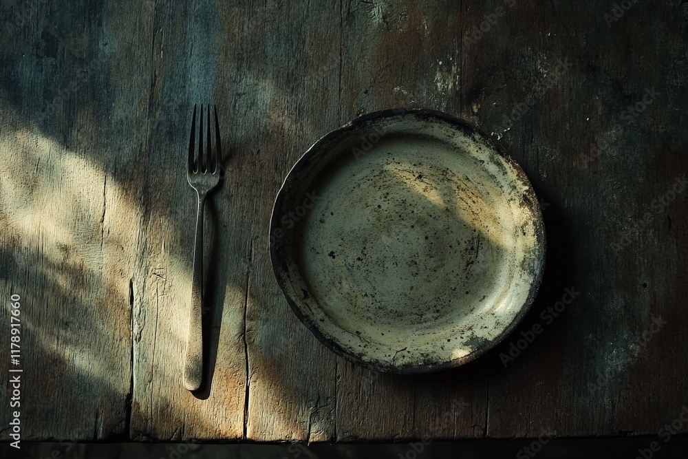 Poster a serene rustic table setting featuring a vintage plate and a fork on a weathered wooden surface. th