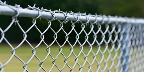 Fototapeta premium Detailed close-up of a barbed wire fence with a blurred natural background, emphasizing texture and separation.