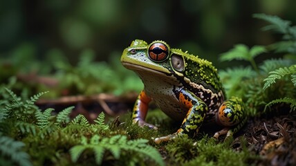 Obraz premium Rainforest frog, Colorful Frog Among Rainforest Moss and Ferns 