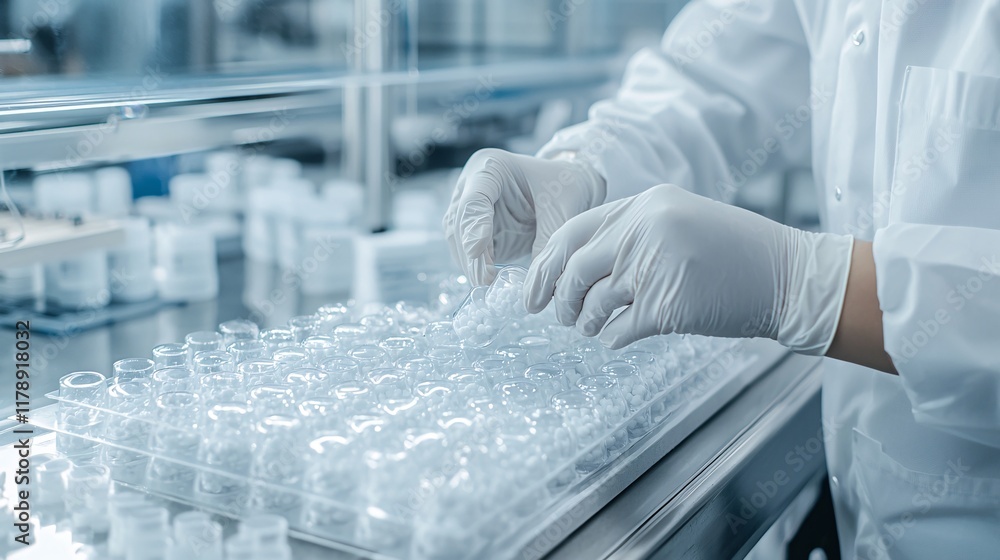 Poster worker using gloves to handle delicate products during quality control checks, safety handling, frag