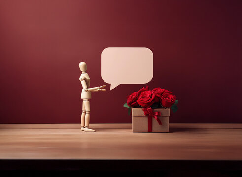 Wooden mannequin presents a gift box of red roses next to a blank speech bubble against a maroon background.  A simple, romantic scene. - Powered by Adobe