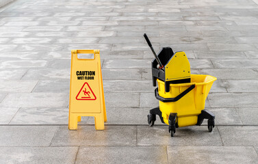 Yellow warning sign with message Caution wet floor with cleaning trolley on walkway