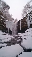 A stunning winter scene with a cascading waterfall surrounded by icicles and snow-covered rocks. Nature captures the beauty of ice and water. Generative AI