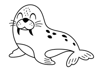 Black and white walrus clipart. Cute Arctic animal doodle. Hand draw vector illustration in flat style
