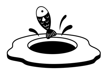 Fish in an ice hole, cute seasonal object. Hand draw vector illustration in flat style