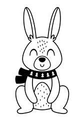 Black and white Polar rabbit clipart. Cute Arctic animal clipart. Hand draw vector illustration in flat style