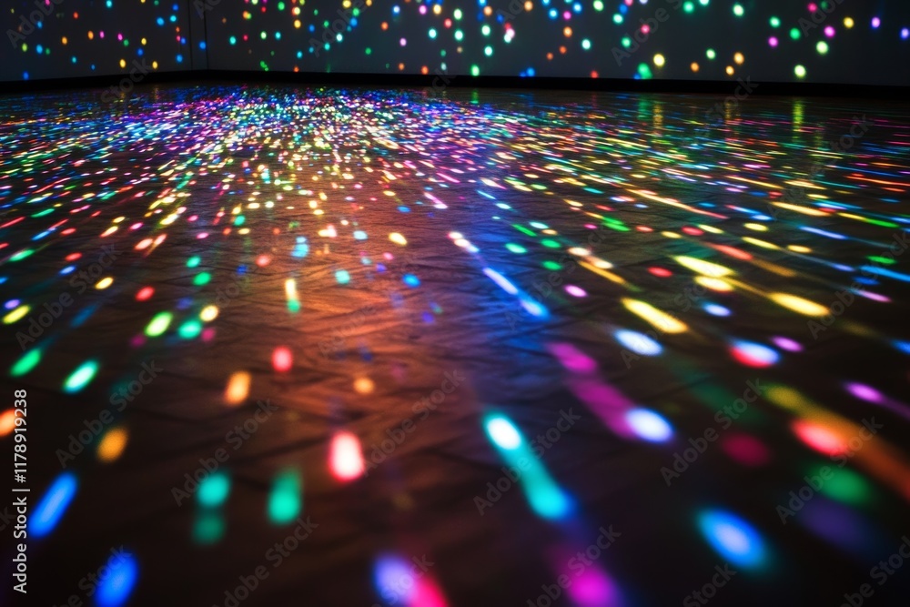 Poster a stunning display of colorful lights scattered across a wooden floor, creating a vibrant and dynami
