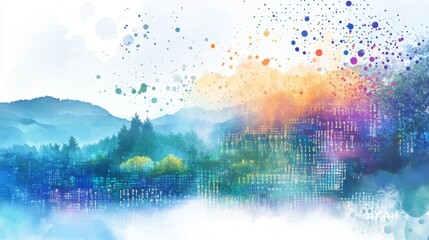 A vibrant watercolor landscape featuring splashes of color over a serene mountain backdrop. Perfect for creative projects.