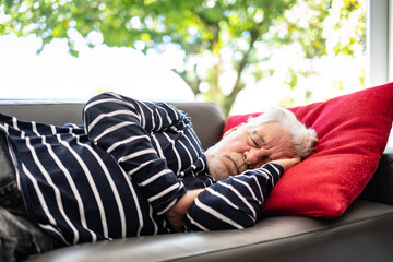 Closeup portrait of sleeping senior man with beard, peaceful grandfather resting on sofa at home, enjoying midday nap in living room. Seniors lifestyle concept