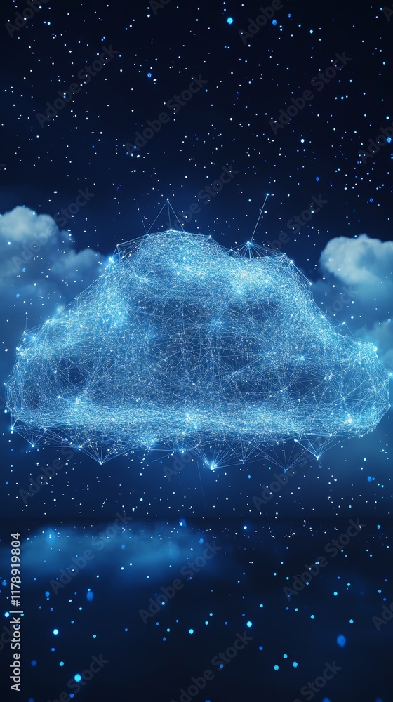 Poster This abstract image showcases a cloud formed from intricate data points against a cosmic backdrop. Ideal for technology themes.