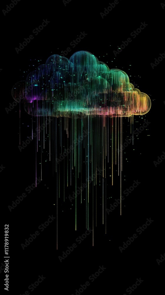 Poster this abstract image features a dark cloud silhouette illuminated by colorful data streams, creating 