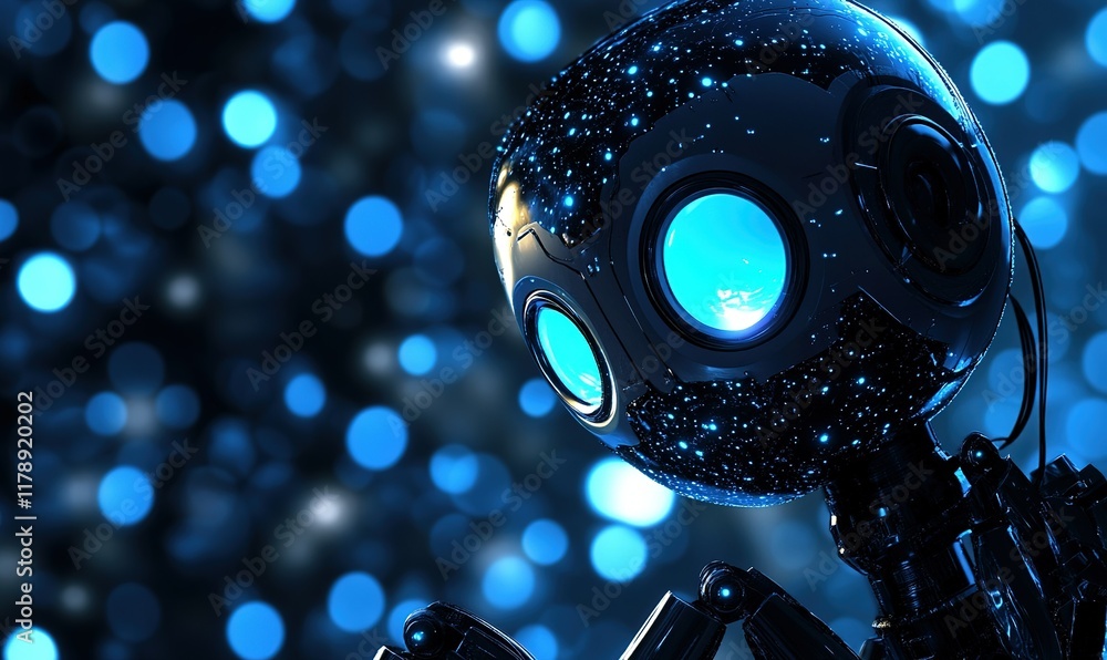 Poster futuristic robot with glowing eyes against bokeh background. ideal for technology or ai projects.