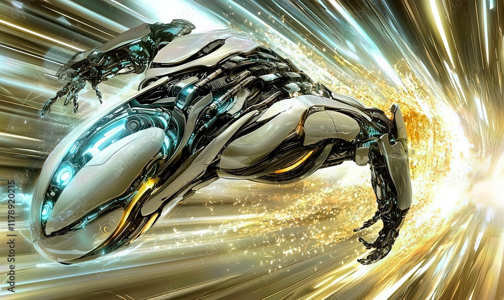 Poster futuristic robot speeding through digital tunnel with light trails, ideal for sci-fi projects.