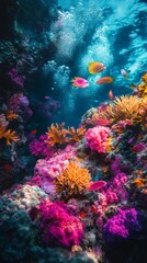 Fototapeta premium Dive into the mesmerizing underwater world. Vibrant coral reefs showcase stunning marine life and colorful fish. Explore the beauty beneath the waves. Generative AI