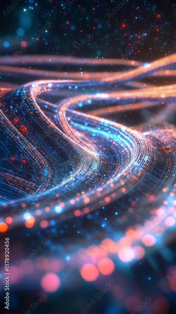 Poster this stunning abstract background features intertwined data waves, illuminated by vibrant colors and