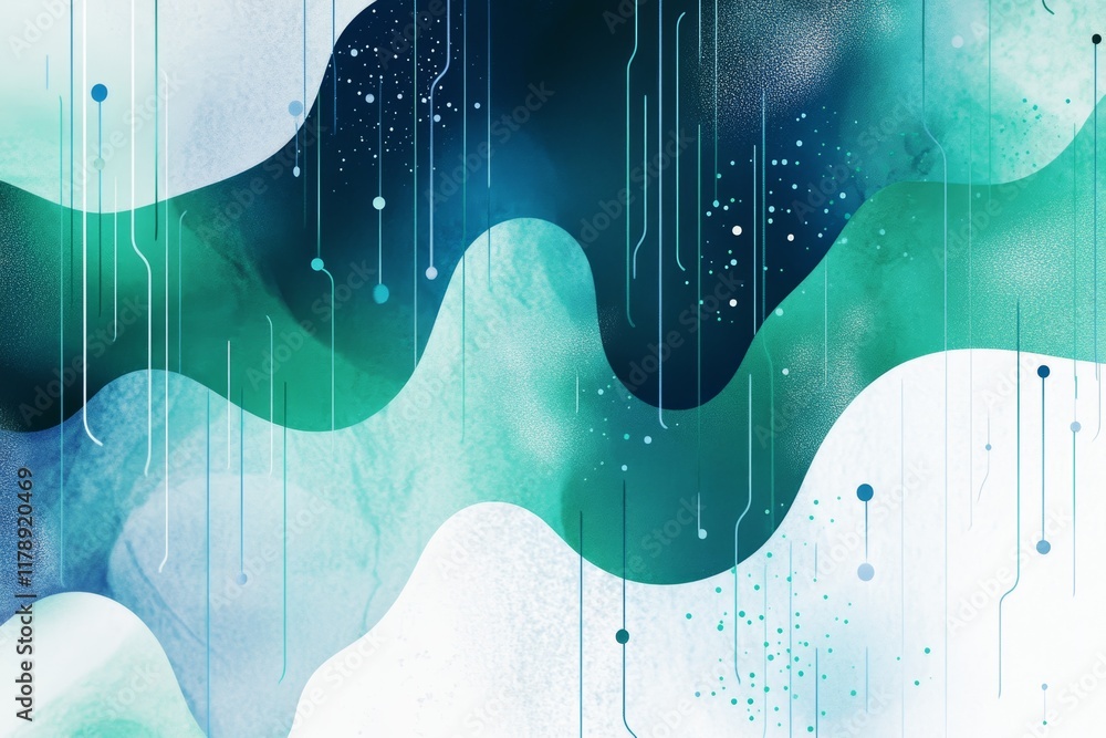 Poster explore this abstract design featuring soft gradient colors in fluid waves and digital elements, per