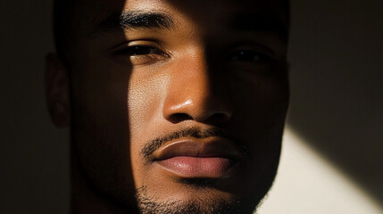 A close shot of a man&acirc;s face partially in shadow, emphasizing his sharp jawline and focused gaze.