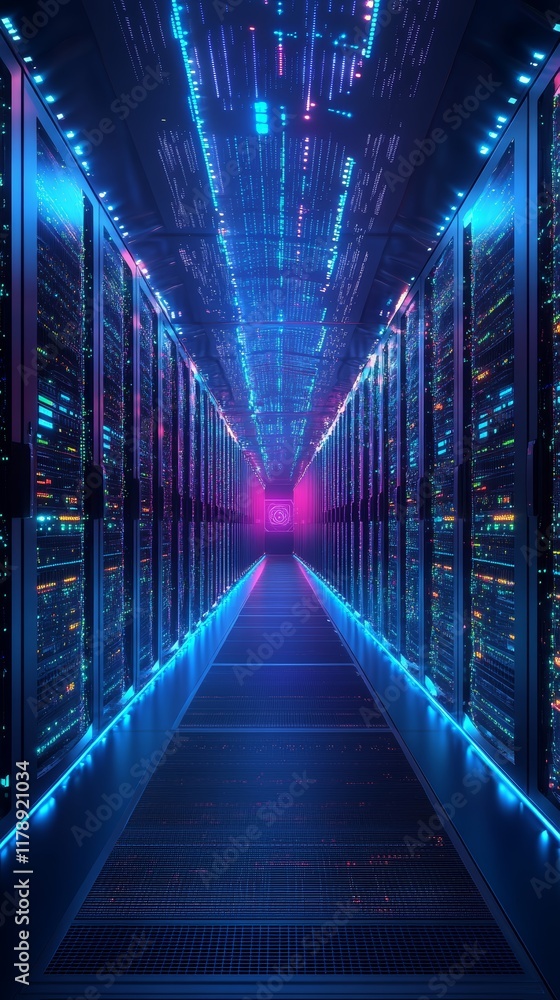 Poster explore a mesmerizing data center corridor illuminated by vibrant neon lights, showcasing advanced t