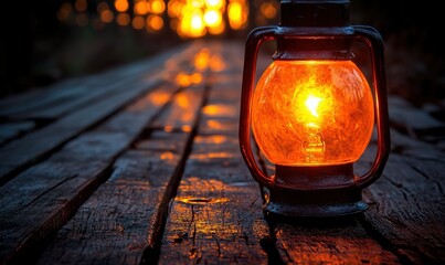 Glowing lantern on wooden path at sunset in forest.