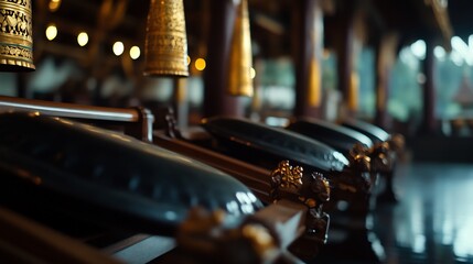 Close-up View of Ornate Asian Musical Instruments in a Temple Setting