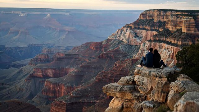 Two individuals are seated on the precipice of a cliff, overlooking a vast expanse, enjoying the view, Wedding proposal scene overlooking a grand canyon