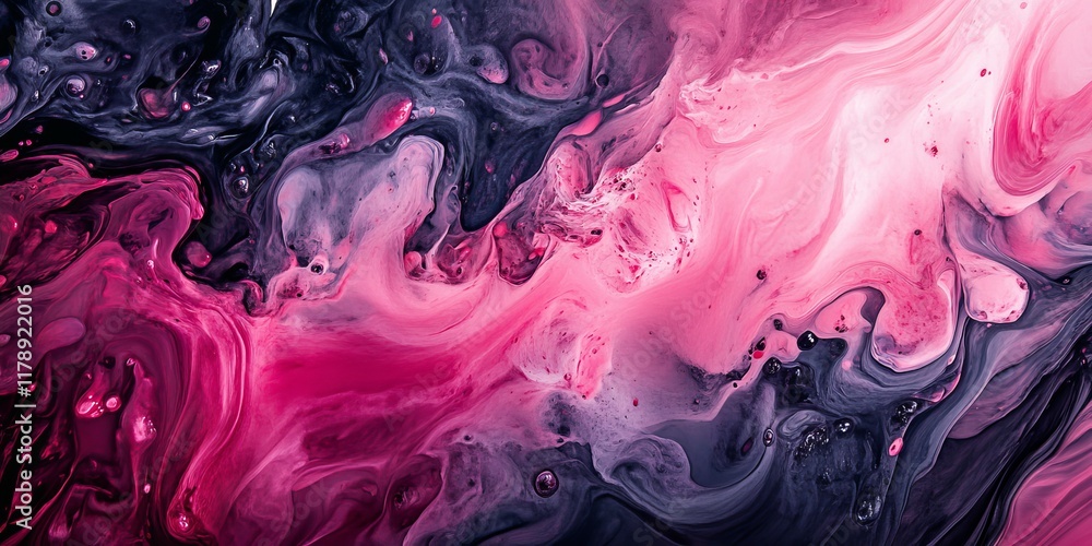 Poster dynamic abstract fluid art featuring vibrant pink and black swirls, creating a captivating and energ