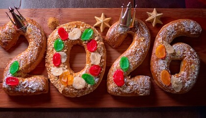Número 2026 formado por bollos o roscón de reyes, dulce típico del 6 de enero en España