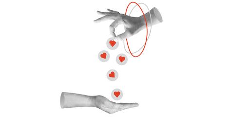 Hand drops hearts into open palm, symbolizing care, generosity, and support. Minimalistic art...