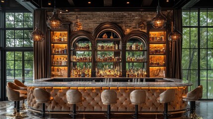 Elegant bar interior featuring a well-stocked shelf and plush seating.