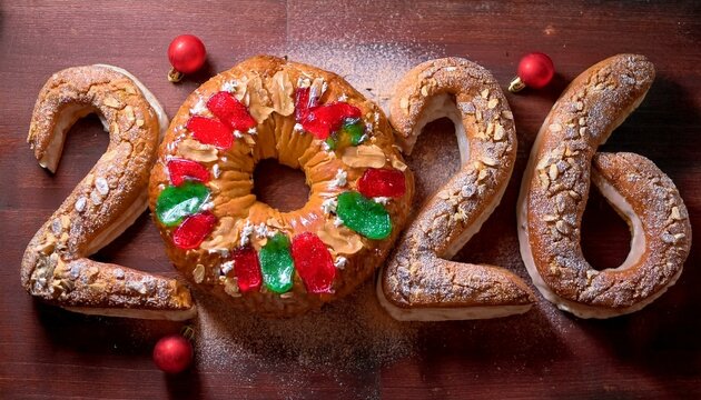 N&uacute;mero 2026 formado por bollos o rosc&oacute;n de reyes, dulce t&iacute;pico del 6 de enero en Espa&ntilde;a