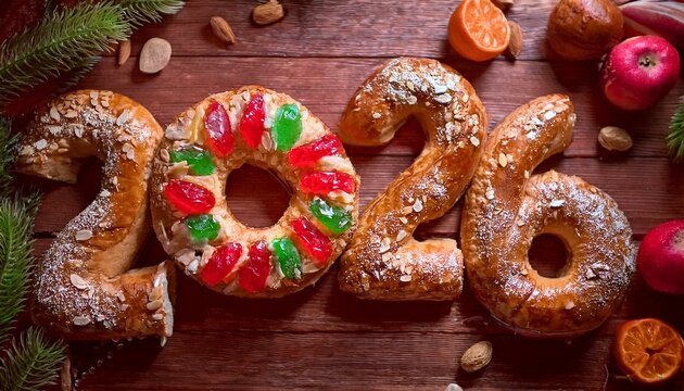 N&uacute;mero 2026 formado por bollos o rosc&oacute;n de reyes, dulce t&iacute;pico del 6 de enero en Espa&ntilde;a