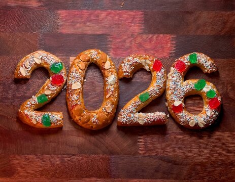 N&uacute;mero 2026 formado por bollos o rosc&oacute;n de reyes, dulce t&iacute;pico del 6 de enero en Espa&ntilde;a
