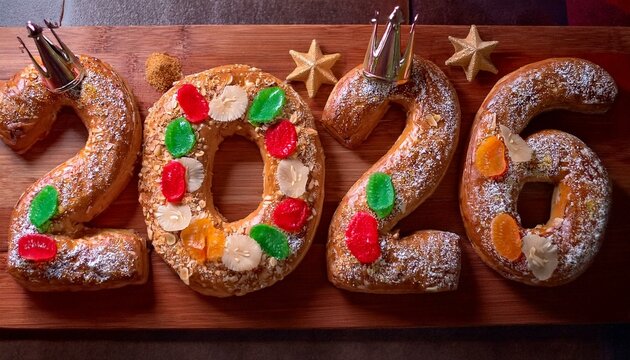 N&uacute;mero 2026 formado por bollos o rosc&oacute;n de reyes, dulce t&iacute;pico del 6 de enero en Espa&ntilde;a
