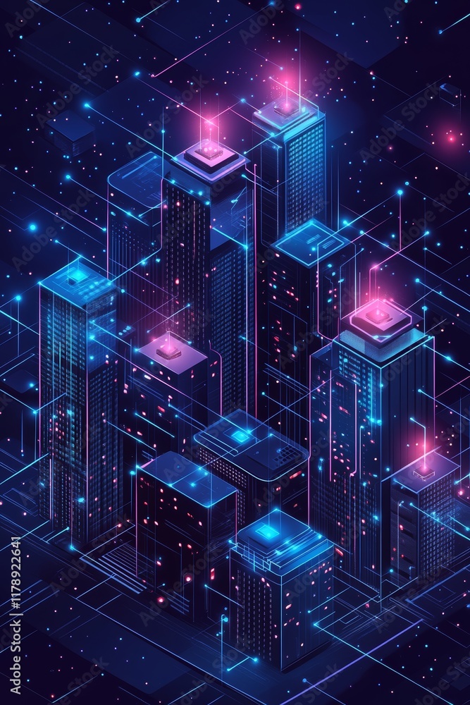 Poster isometric illustration of connected nodes in data visualization with neon colors and futuristic elem